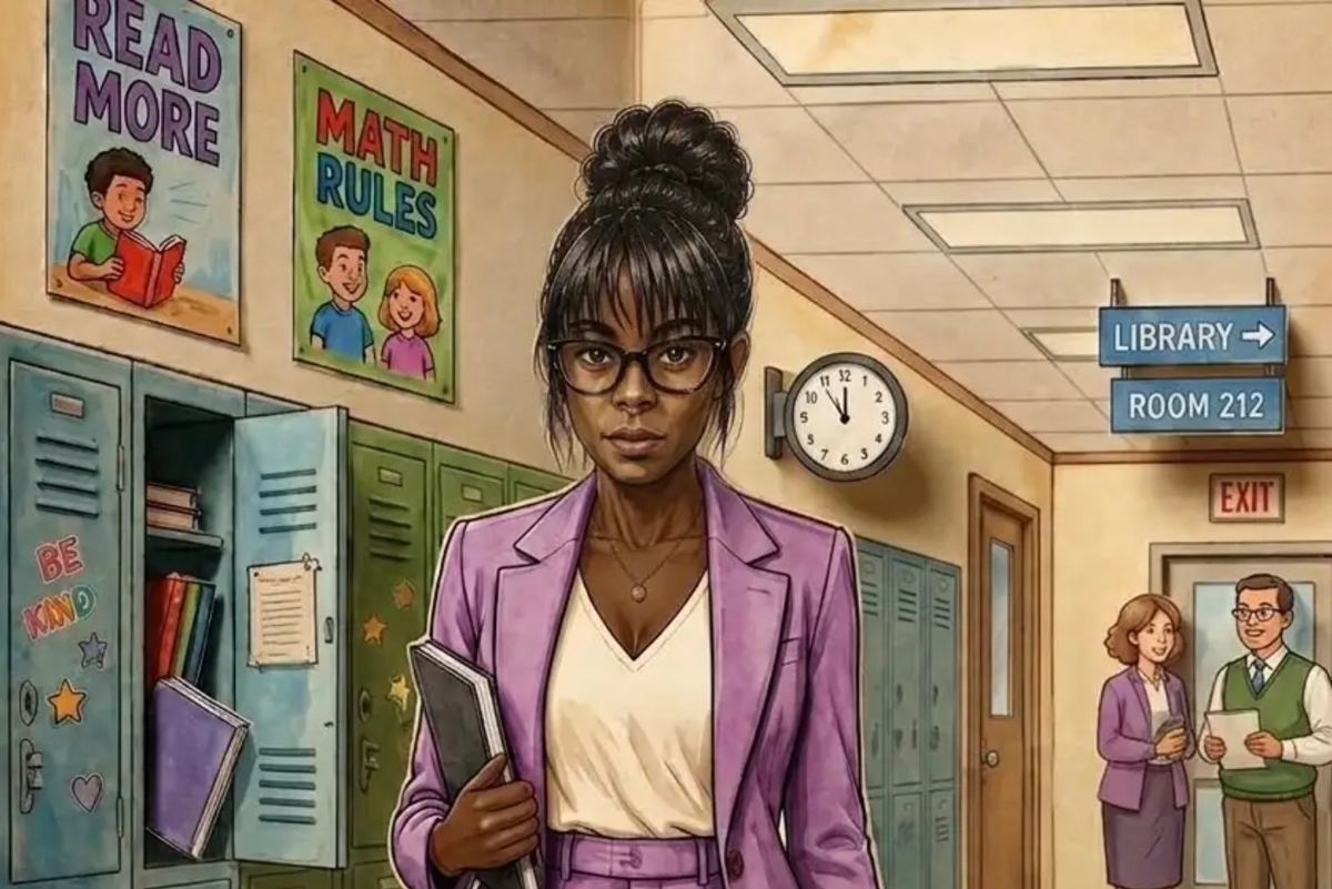 Illustration of Ms. Freeman in a school hallway holding a binder